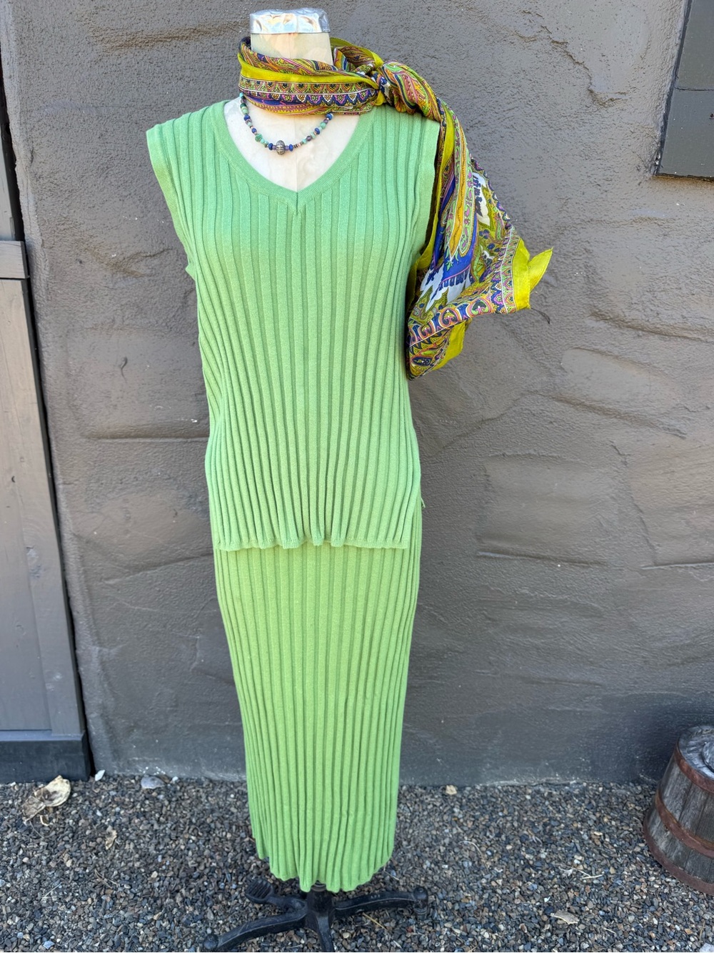 Ribbed V-Neck Knit Dress Set in Lime Green